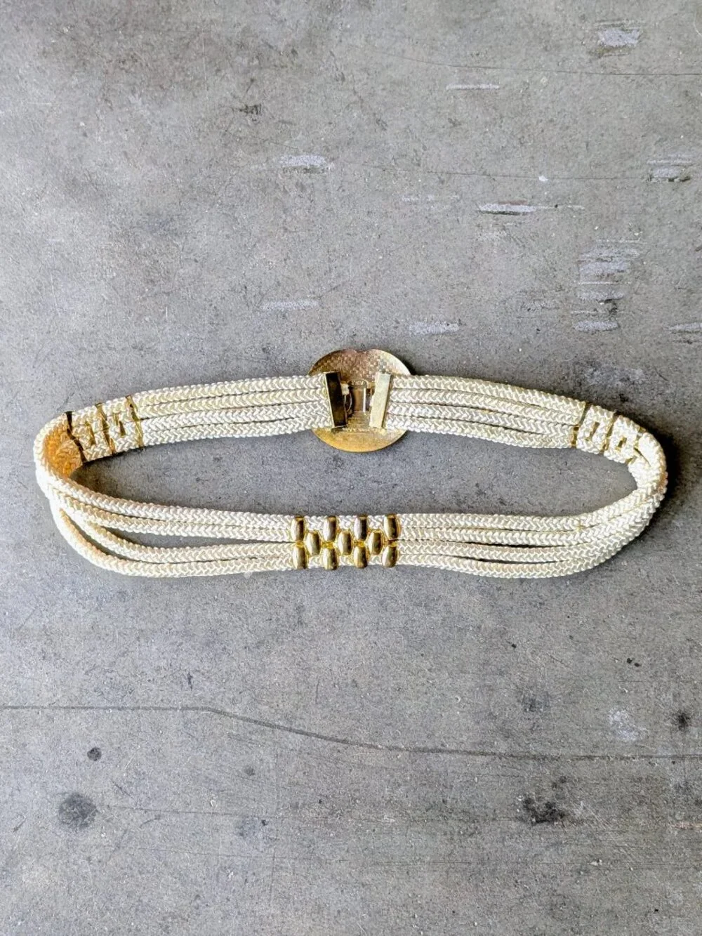 Vintage 1980s Floral Cloisonne Buckle Ivory Gold Rope Belt one size